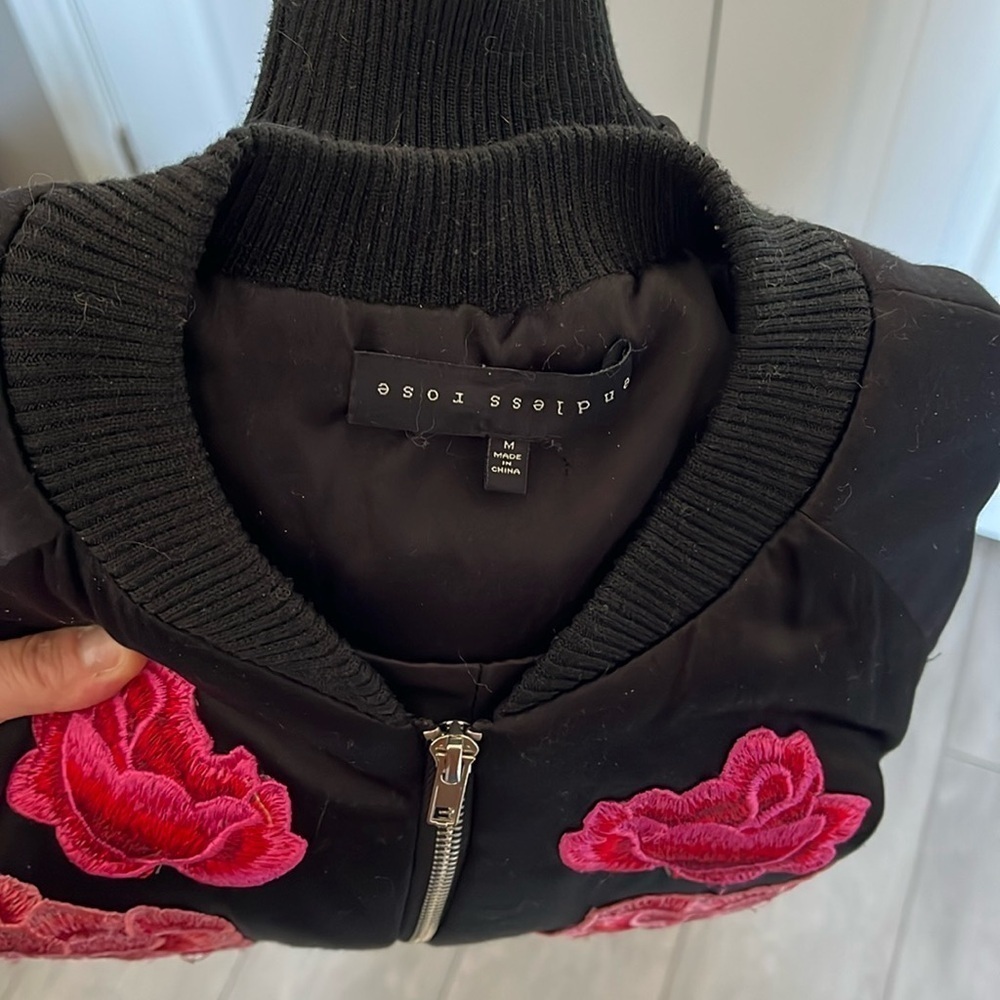 ENDLESS ROSE Floral Embroidered Satiny Bomber Varsity Statement Jacket, Size M - Picture 13 of 13